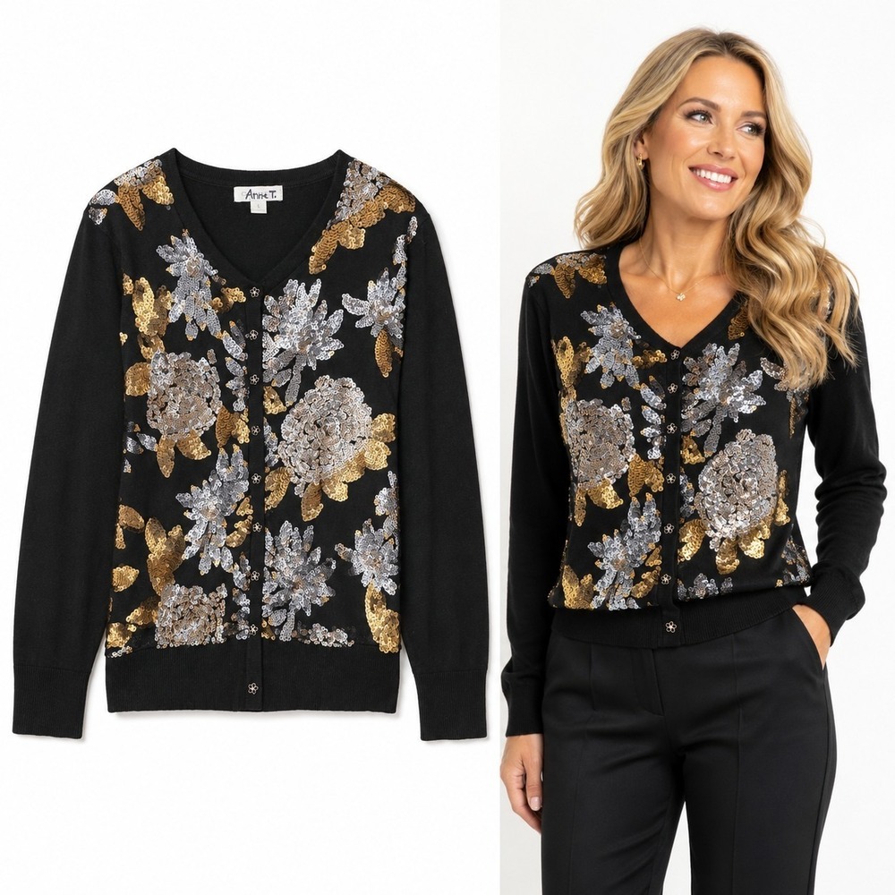 Charter Club L Gold Silver Sequin Floral‎ Cardigan Sweater Evening Glam Sparkly